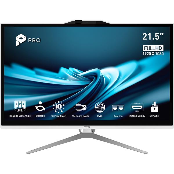 MSI Pro AP222T 14M-623EU Intel® Pentium® Gold G7400 54,6 см (21.5") 1920 x 1080 пиксела Тъчскрийн Персонален компютър Всичко в едно 8 GB DDR4-SDRAM 128 GB SSD Windows 11 Pro Wi-Fi 5 (802.11ac) Бяла