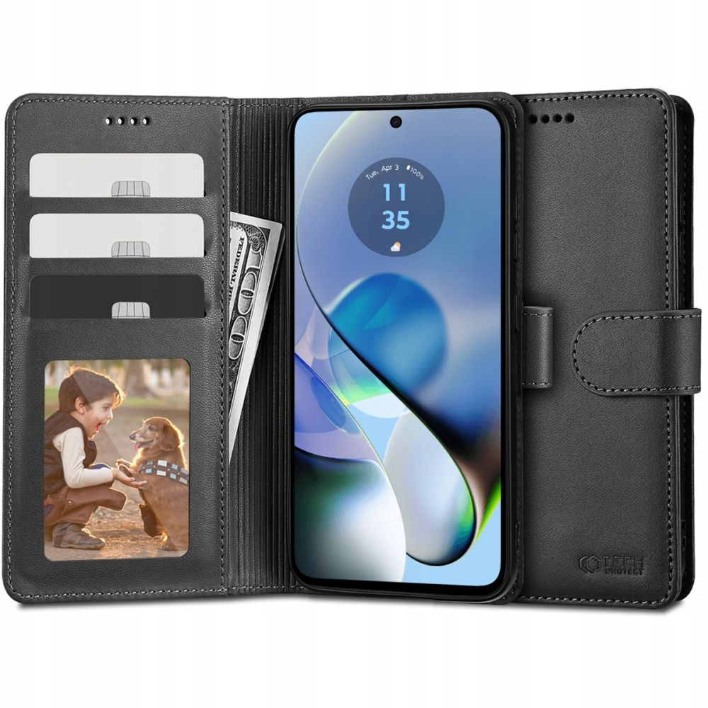 Motorola Moto G54, Oldalra nyíló tok, stand, mágnes csattal, TP Wallett, fekete (TS3797)