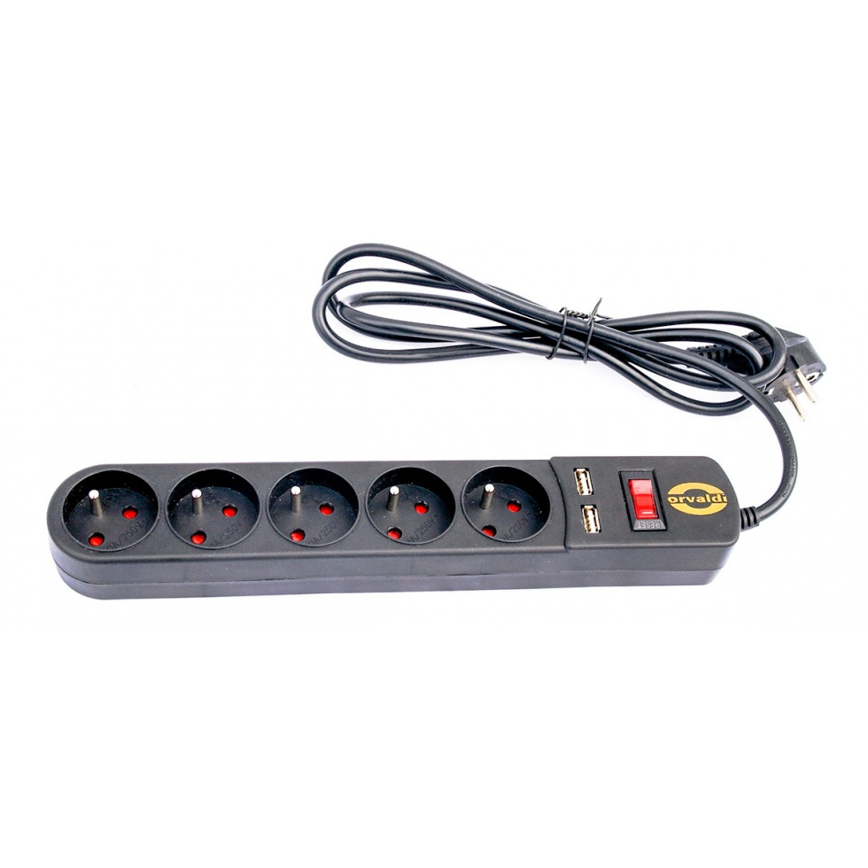 Orvaldi ORV-5 USB 5 aljzatos túlfeszültség védő - elosztó kapcsolóval és 2 USB töltőporttal 1.5m - Fekete (AP5U-1,5M)