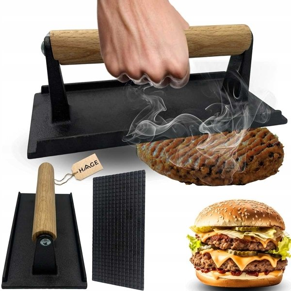 Atusa ŻELIWNA PRASKA 20x10cm DO GRILLOWANIA BURGERÓW STEKÓW MIĘSA HAGE
