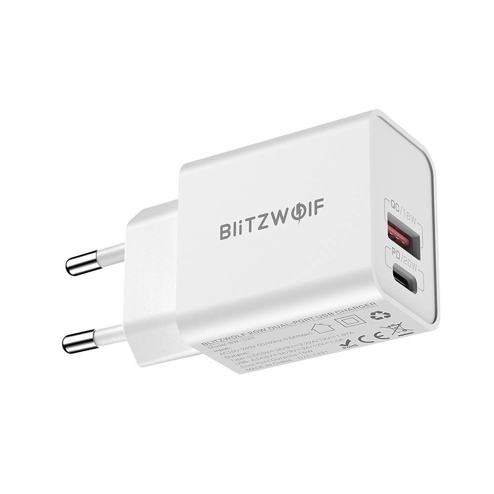 Blitzwolf BW-S20 hálózati töltőadapter USB-A és USB-C 20W fehér (BW-S20)
