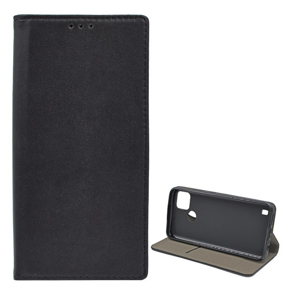 Tok álló, bőr hatású (FLIP, oldalra nyíló, asztali tartó funkció) FEKETE [Realme C21Y] (5996591118383)