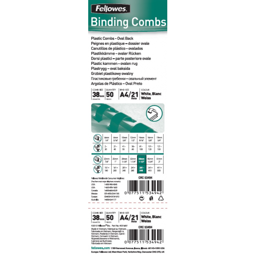 Fellowes 38 mm műanyag spirál 281-340 laphoz - Fehér (50 db / csomag) (5349402)