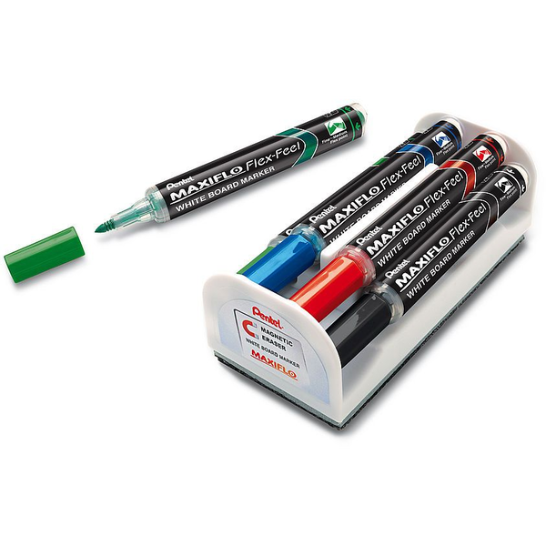 Pentel markerji za belo tablo Maxiflo Flex-Feel, set 4 kos, brisalec