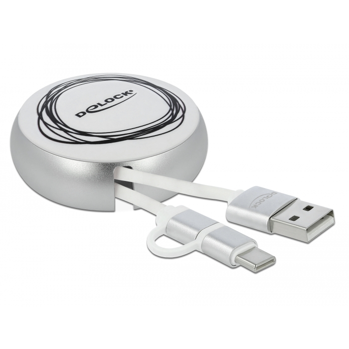 Delock USB 2.0 2 az 1-ben behúzható kábel A-típusú Micro-B és USB-C fehér / ezüst (85821)