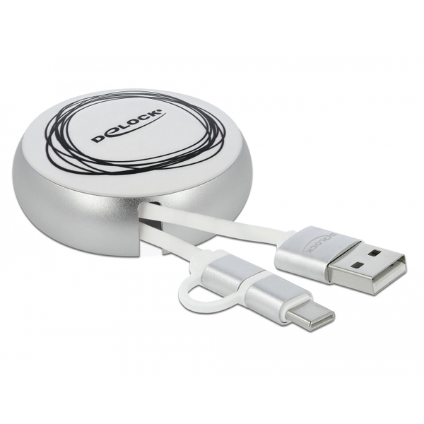 Delock USB 2.0 2 az 1-ben behúzható kábel A-típusú   Micro-B és USB-C  fehér / ezüst (85821)