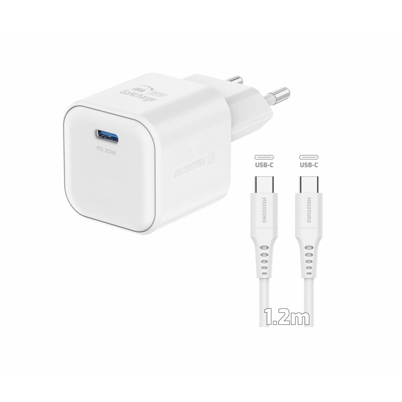 Swissten GaN, 1× USB-C, 20W, Power Delivery töltőfej + USB-C to USB-C, 1,2m, fehér, adatkábel (22070120)