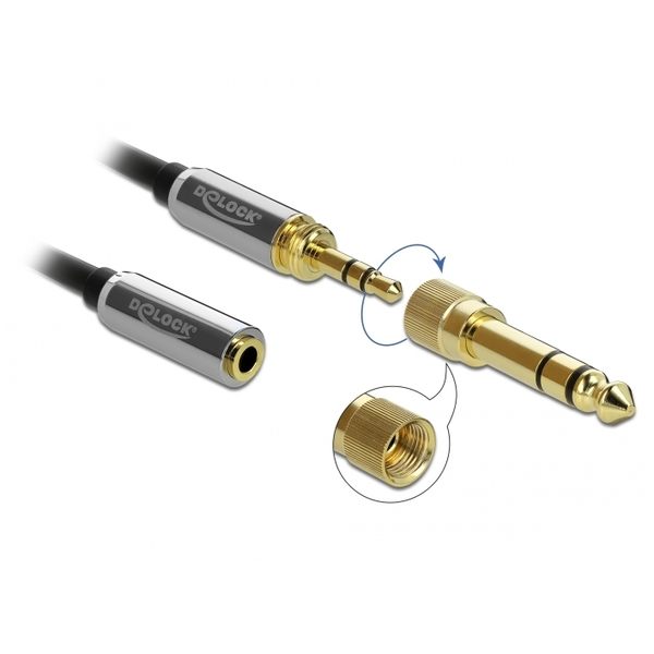 Delock JACK - JACK Sztereó hosszabbító kábel 6.35 mm csavaros adapterrel 3m (3.5mm 3 pólusú apa  anya)