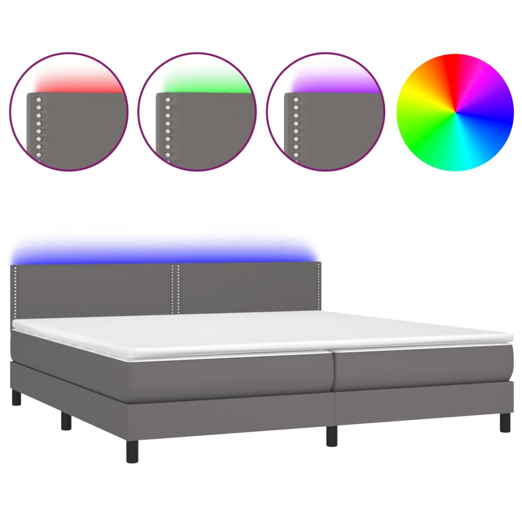 szürke műbőr rugós ágy matraccal és LED-del 200x200 cm (3134187)