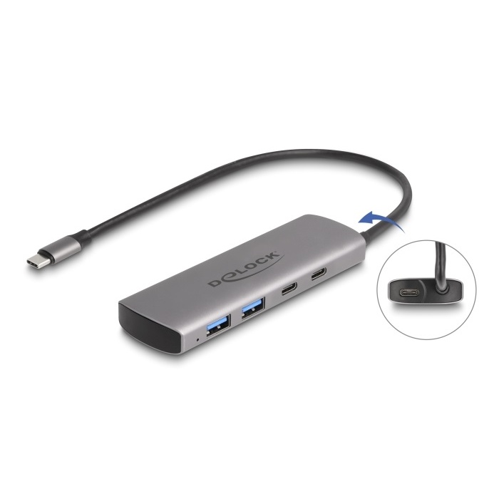 Delock USB 10 Gbps Hub 2 A-típusú USB port és 2 USB Type-C port USB Type-C csatlakozóval és egy további tápporttal (64299)