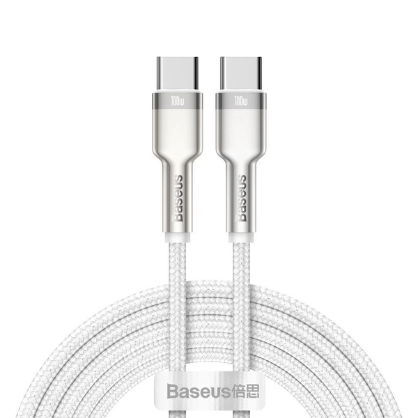 Кабел за захранване и данни Baseus, Metal Cables, Fast Charging, USB Type-C към USB Type-C 100W плетен 2 м, Бял