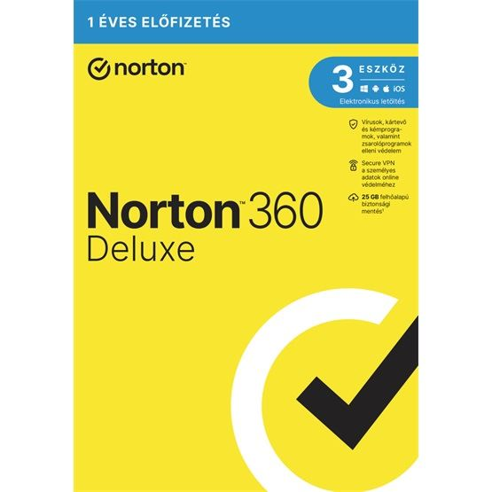 NortonLifeLock Norton 360 Deluxe 25GB HU 1 felhasználó 3 eszköz 1 év dobozos vírusirtó szoftver (21416696) (21416696)