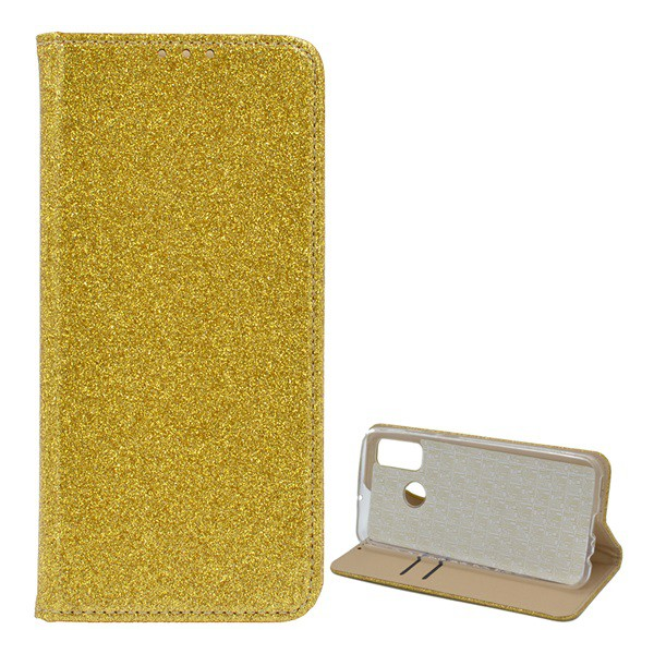 Tok álló, bőr hatású (FLIP, szilikon belső, oldalra nyíló, asztali tartó funkció, bankkártya tartó, csillogó) ARANY [Huawei P Smart (2020)] (5996457983360)