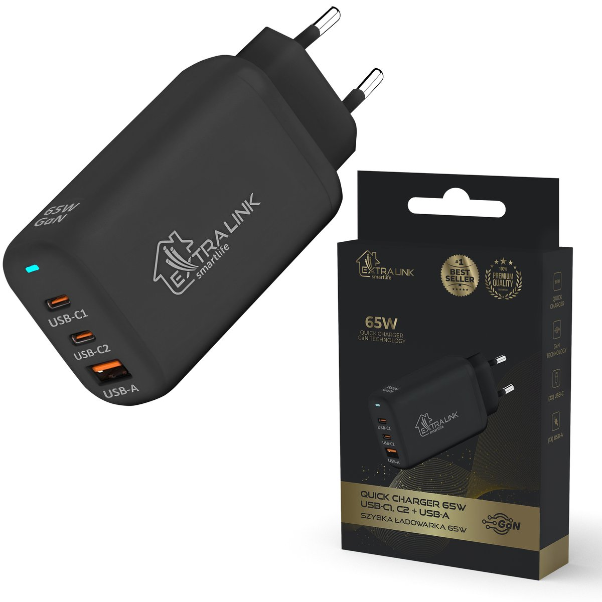 ExtraLink CHARESL02 Smart Life 2x USB Type-C / 1x USB Type-A GaN Hálózati töltő - Fekete (65W) (CHARESL02)