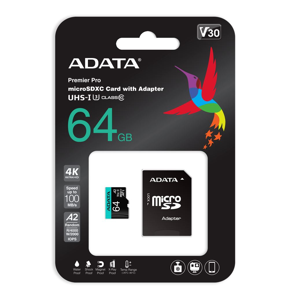 64GB microSDXC ADATA Premier Pro CL10 V30 A2 + adapter (AUSDX64GUI3V30SA2-RA1) (AUSDX64GUI3V30SA2-RA1)