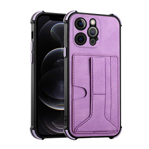 Szilikon telefonvédő (közepesen ütésálló, bőr hatású, bankkártya tartó, asztali tartó funkció + kézpánt) LILA [Apple iPhone 12 Pro] (5996591107745)