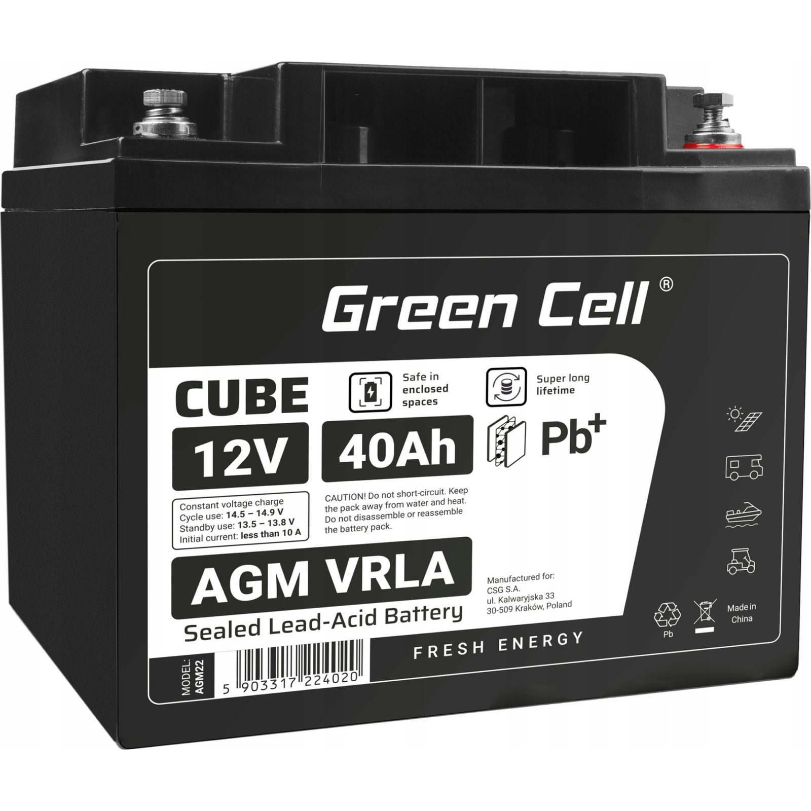 Green Cell Cube AGM VRLA IP54 12V 40Ah karbantartásmentes akkumulátor fűnyírókhoz, robogókhoz, hajókhoz és kerekesszékekhez (AGM12V40AH-J)