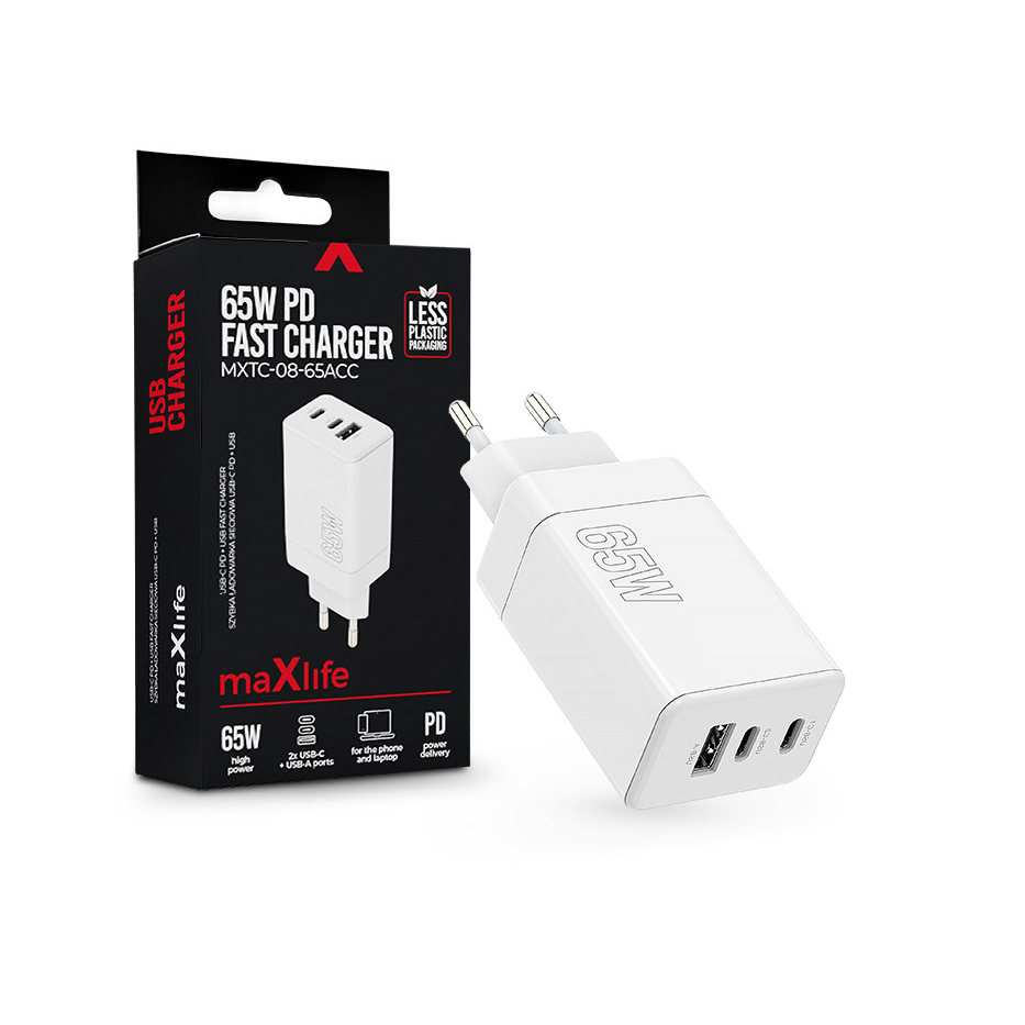 Maxlife MXTC-08-65ACC PD+QC 65W gyorstöltő adapter 2xType-C + USB - fehér (ML081100)