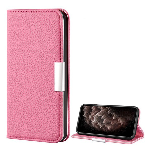 Tok álló, bőr hatású (FLIP, oldalra nyíló, asztali tartó funkció, mágneses, elegáns fémcsat, prémium) RÓZSASZÍN [Apple iPhone 12 Pro Max] (5996591012261)