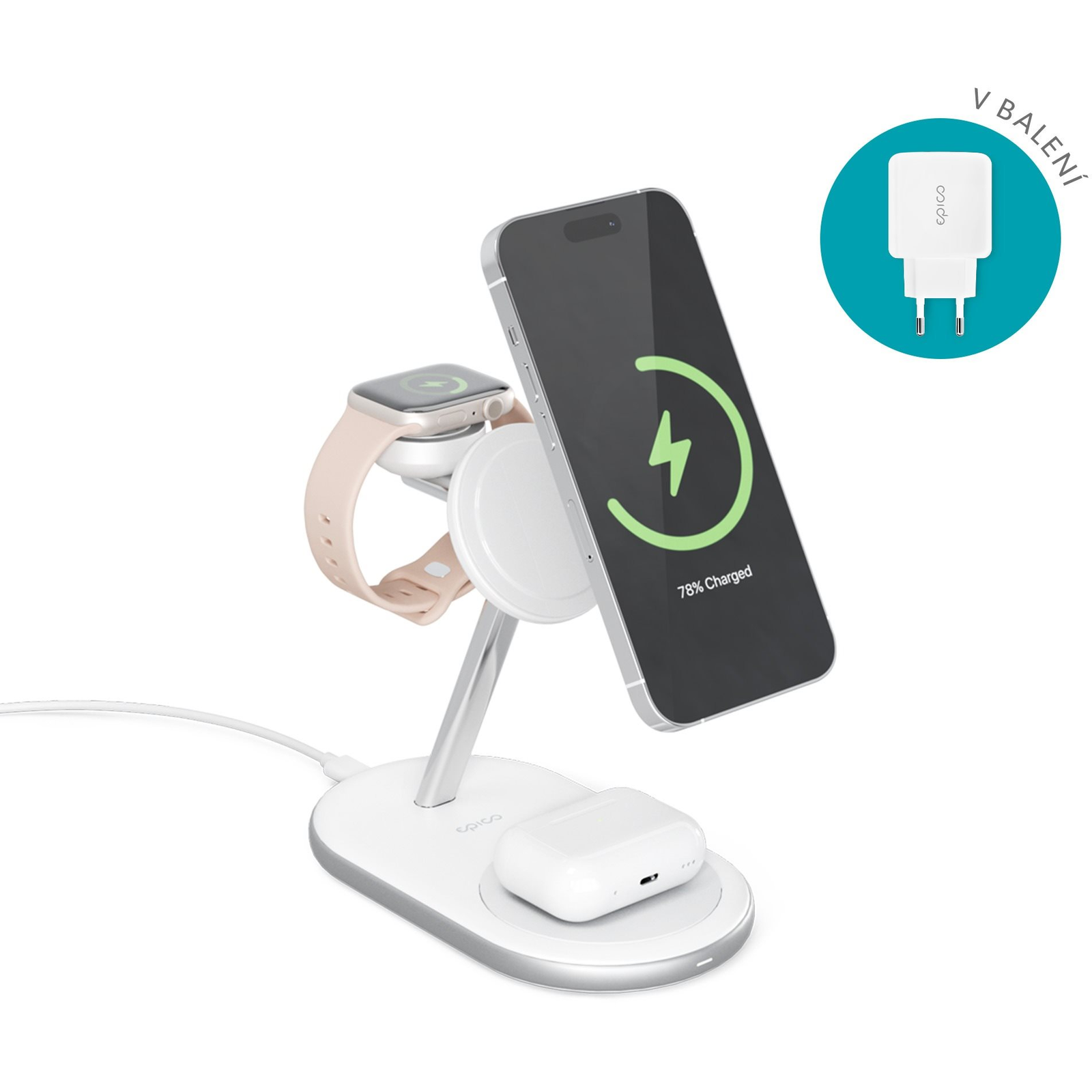 Epico 3in1 Made for MagSafe töltőpad + adapter - fehér (9915111100044)