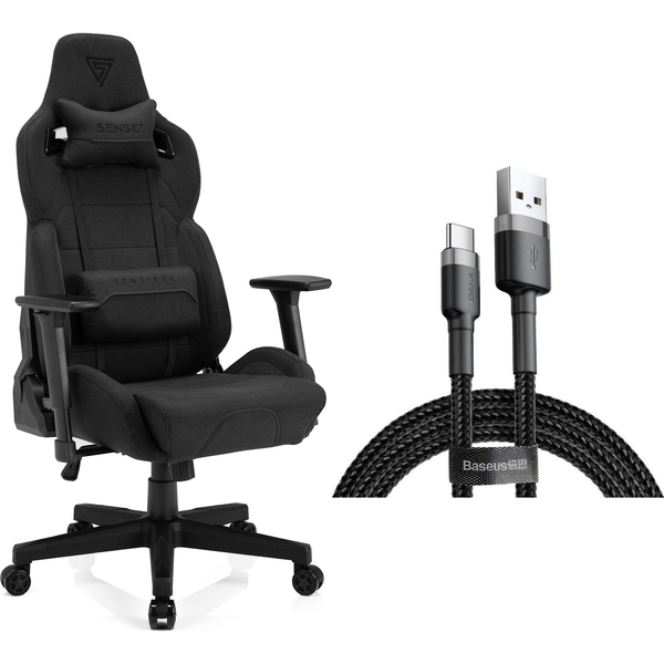 Scaun pentru gamer SENSE7 Sentinel, tapițat cu material textil negru, cu cablu USB