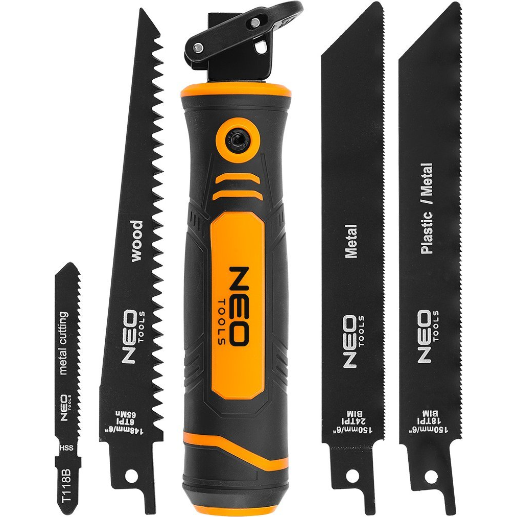 NEO Kézifűrész Szett Univerzális Befogóval, 4 Db Lappal, Dekopír És Orrfűrész Lapokhoz