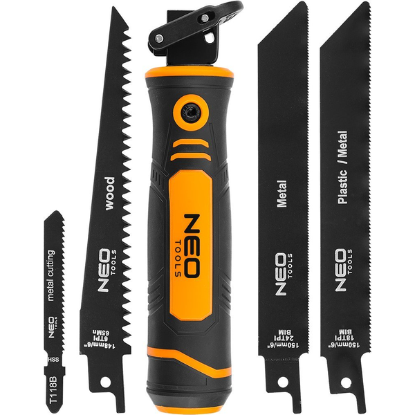 NEO Kézifűrész Szett Univerzális Befogóval, 4 Db Lappal, Dekopír És Orrfűrész Lapokhoz