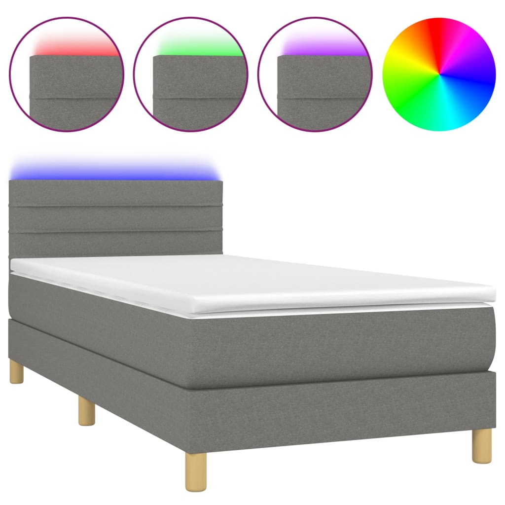 sötétszürke szövet rugós és LED-es ágy matraccal 90x190 cm (3133758)