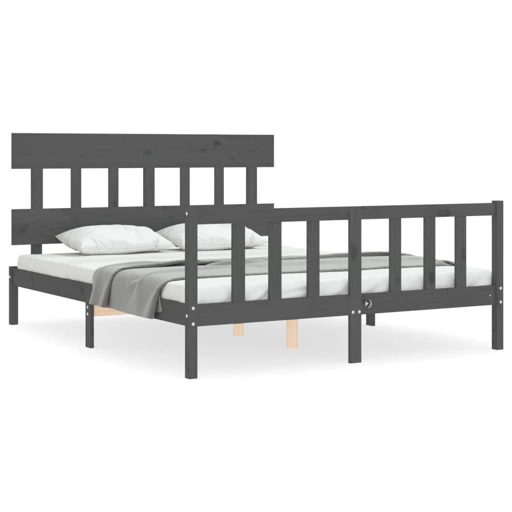 szürke tömör fa ágykeret fejtámlával King Size (3193343)