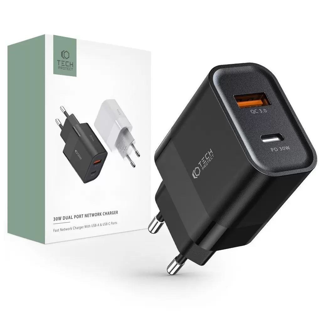 Tech-Protect C30W hálózati töltő adapter PD 30W / QC3.0 fekete (126511) (tp126511)