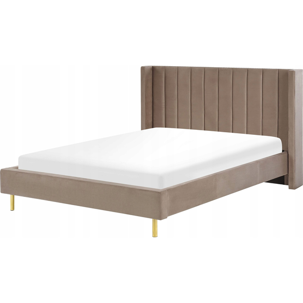 Cama Con Somier De Terciopelo Gris Pardo 160 X 200 Cm Listones Moderno Villette - Beige