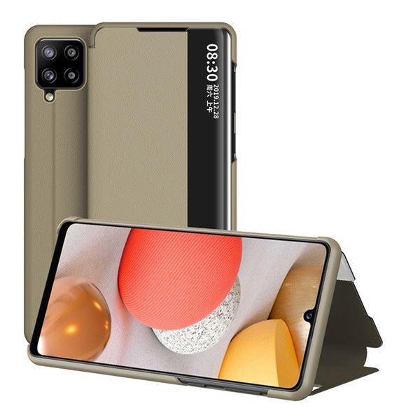 Tok álló, bőr hatású (aktív FLIP, oldalra nyíló, asztali tartó funkció, hívószámkijelzés, View Window) BARNA [Samsung Galaxy A42 5G (SM-A425F)] (5996591037226)