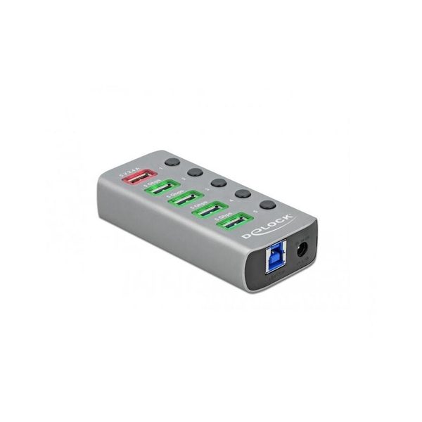 Delock aluminium külön kapcsolós 6-portos USB-C USB3.0 hub szürke (USB5: 5V/2,4A charging port; USB-C: PD3.0)