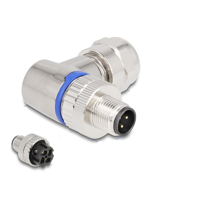 Delock M12 Csatlakozó A-kódolású, 4 tűs apa csavarozható kapcsolat 90 -os szögben fém (60540) (60540)