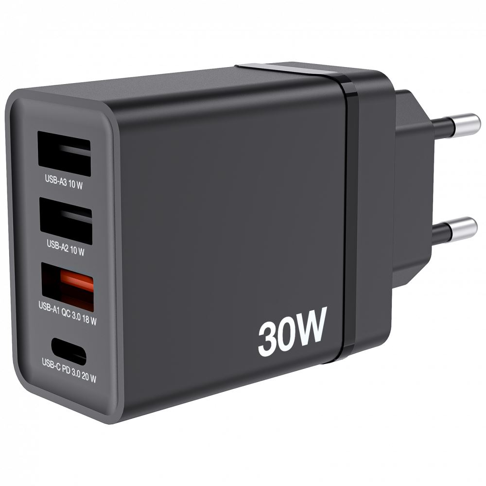 Verbatim 30W 4-Port (1xUSB-C PD 20W / 1xUSB-A QC 3.0 / 2xUSB-A 10W) EU hálózati töltő fekete (49700) (verbatim49700)