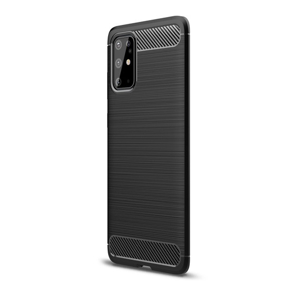 Szilikon telefonvédő (közepesen ütésálló, légpárnás sarok, szálcsiszolt, karbon minta) FEKETE [Samsung Galaxy S20 Plus 5G (SM-G986)] (5996457935147)