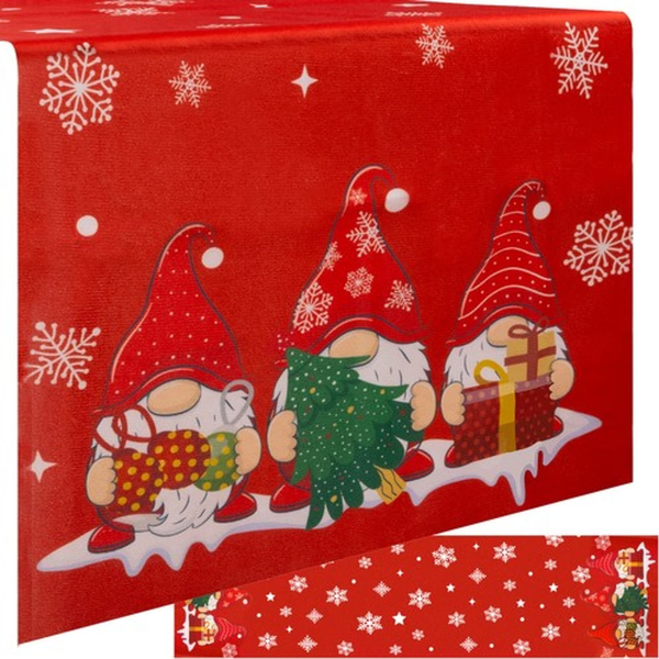 Vánoční běhoun na stůl RUHHY 220x40 cm Červený Skřítci a Sněhové Vločky
