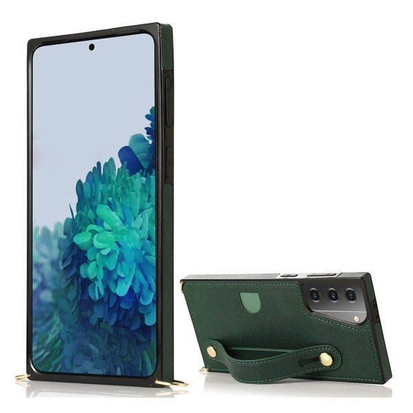 Szilikon telefonvédő (közepesen ütésálló, asztali tartó funkció, bőrhatású hátlap + kézpánt + vállpánt) SÖTÉTZÖLD [Samsung Galaxy S21 Plus (SM-G996) 5G] (5996591069388)