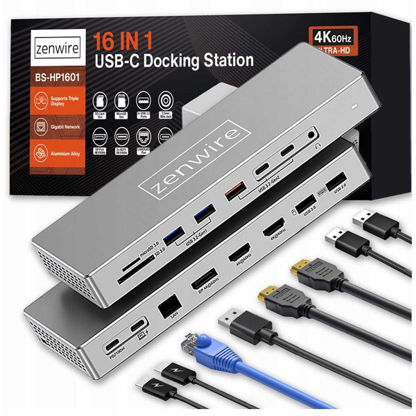 Zenwire BS-HD1601 USB-C priklopna postaja 16v1, 2x HDMI 4K 60Hz + DisplayPort 1.4, LAN, PD 100W, SD/TF, Audio, USB 10Gbps