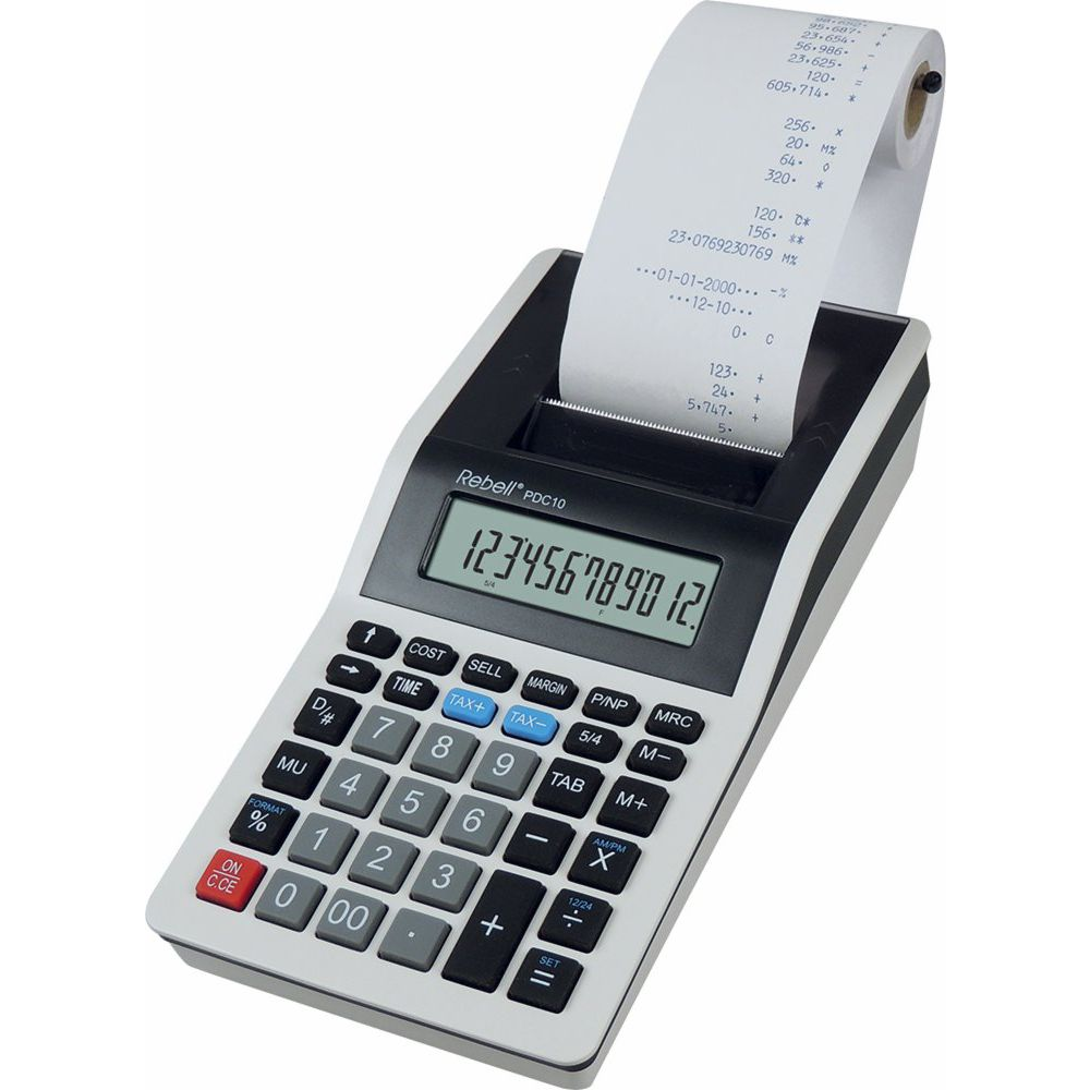 PDC10 - kis méretű szalagos számológép - 12 számjegy, elemes, Cost/Sell/Margin - gombok, ÁFA számítás, "00" gomb, százalékszámítás, kerekítés, kék színű nyomtatás, fehér-fekete (8595179508430)