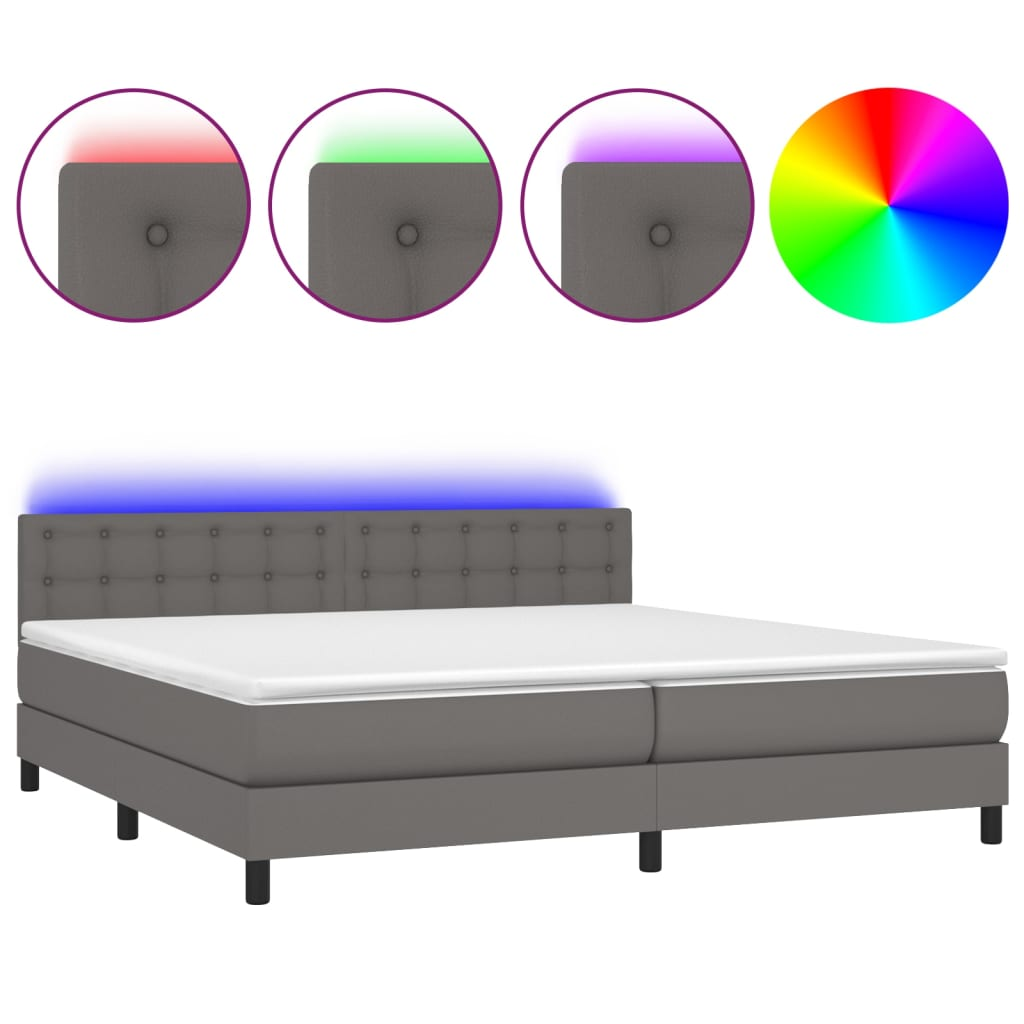 szürke műbőr rugós ágy matraccal és LED-del 200x200 cm (3134247)