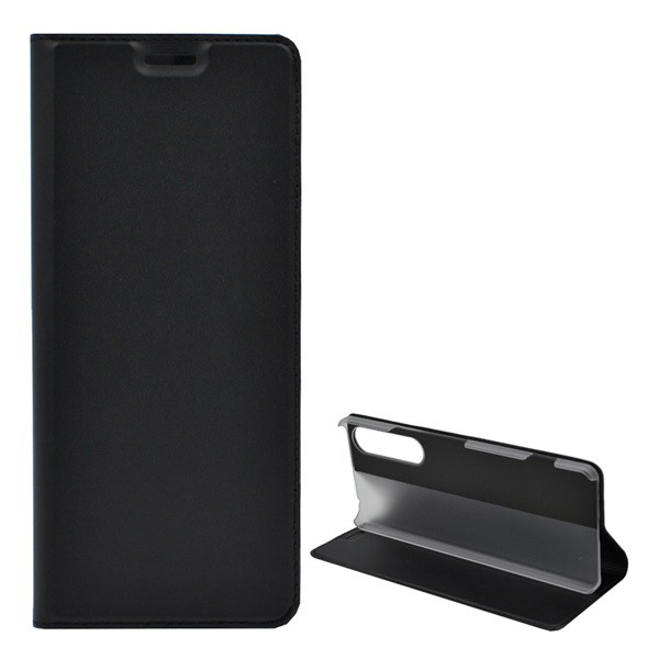 Tok álló, bőr hatású (FLIP, oldalra nyíló, asztali tartó funkció) FEKETE [Sony Xperia 1 II (XQ-AT5)] (5996591009247)