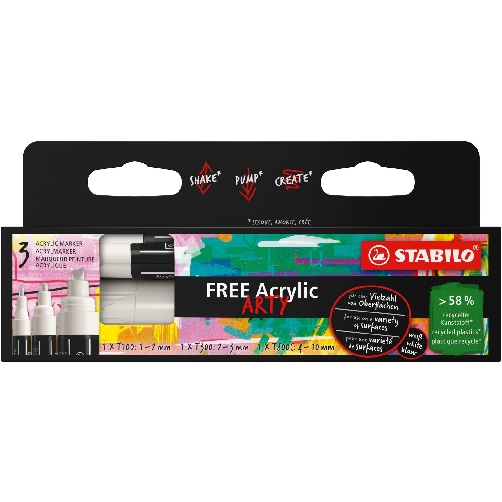 STABILO Free Acrylic, fehér - 3 db készlet különböző hegyekkel (T100, T300, T800C) (4006381615181)