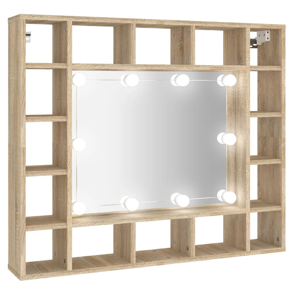 sonoma tölgyszínű tükrös szekrény LED-ekkel 91 x 15 x 76,5 cm