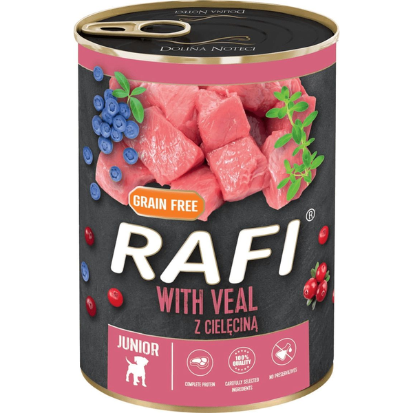 RAFI Junior Kutya Pástétom Borjú, Vörös- és Kék Áfonyával Konzerv 400 g