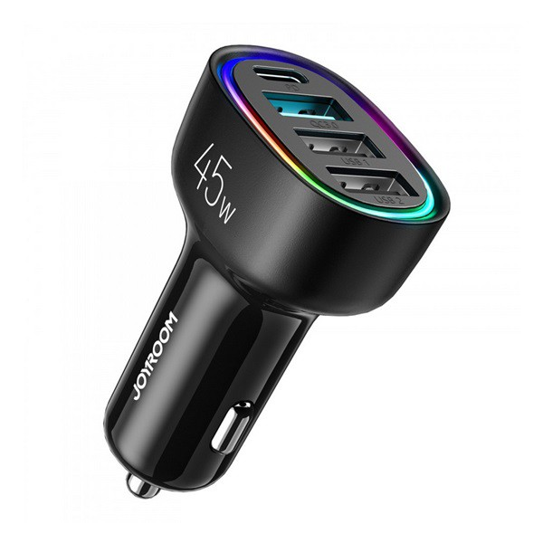 JOYROOM autós töltő 3 USB aljzat / Type-C aljzat (5V/3000mA, 45W, PD gyorstöltés támogatás) FEKETE (JR-CL09)