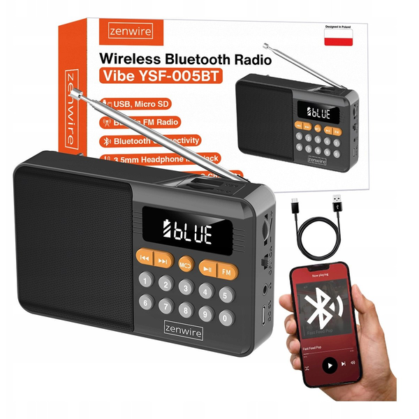 Zenwire Vibe YSF-005BT prenosni FM radio in Bluetooth zvočnik 13W, USB/TF, AUX, USB-C, 800 mAh baterija, črn