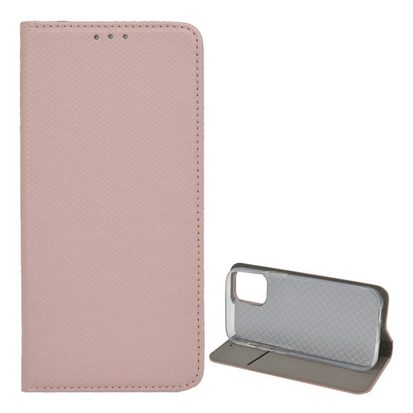 Tok álló, bőr hatású (FLIP, oldalra nyíló, asztali tartó funkció, rombusz minta) ROZÉARANY [Apple iPhone 12 mini] (5996591013831)