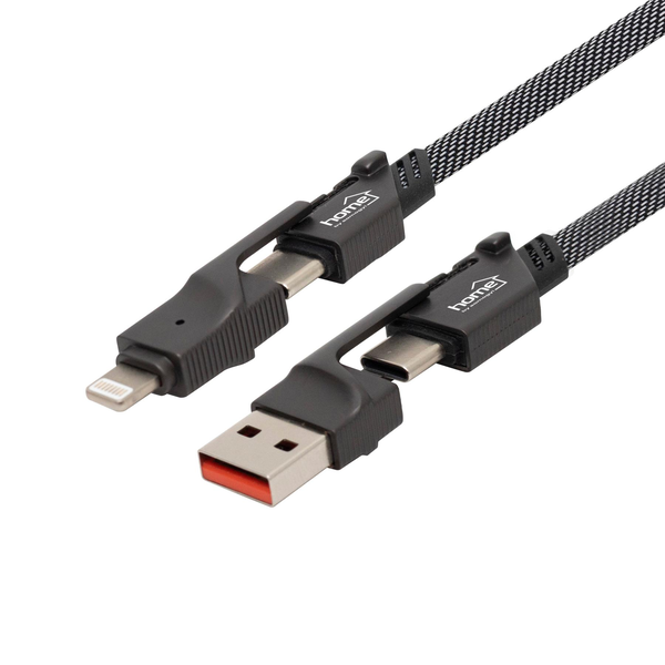 USE Home  töltőkábel, 4in1, USB C-C / A-C / C-LIGHTNING / A-LIGTNING, 1.1 méter, 66W gyorstöltés, szőtt nylon burkolat, lapos, gabalyodásmentes kábel (USB4X1)