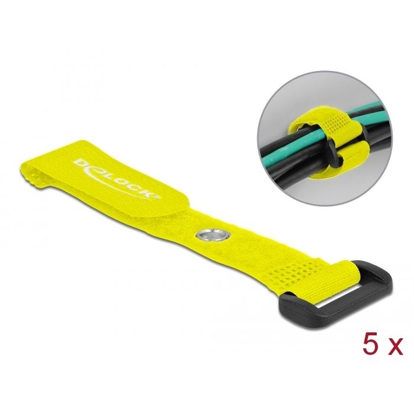 Delock befűzős kábelkötegelő tépőzárral és szorító karikával 150X20mm 5db sárga (19540)